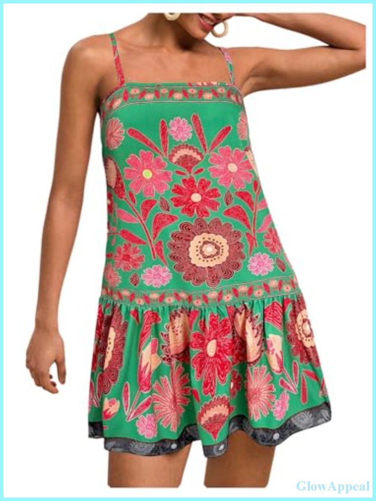 Boho Flowy Mini Cami Dress Ruffle Hem Spaghetti Strap Tank Dress